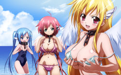 Rule 34 | 3girls, angel wings, aqua eyes, astraea (sora no otoshimono), beach, bikini, blonde hair, blue eyes, blue hair, blush, breast envy, breast hold, breasts, chain, cleavage, cloud, collar, covering privates, covering breasts, day, front-tie top, highres, huge breasts, ikaros, large breasts, long hair, micro bikini, multiple girls, navel, nymph (sora no otoshimono), ocean, official art, official wallpaper, one-piece swimsuit, open mouth, outdoors, pink hair, red eyes, school swimsuit, shiny skin, short hair, skindentation, sora no otoshimono, strap gap, strap slip, swimsuit, twintails, vector trace, wading, wallpaper, watanabe yoshihiro, water, wings