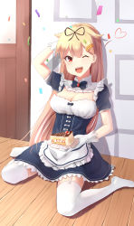 Rule 34 | 10s, 1girl, ;d, absurdres, alternate costume, apron, black bow, black bowtie, black dress, black ribbon, blonde hair, blunt bangs, blush, bow, bowtie, breasts, cake, cleavage, confetti, dress, dymao, enmaided, eyelashes, food, frilled dress, frills, garter straps, gem, glint, gloves, hair flaps, hair ornament, hair ribbon, hand up, heart, highres, holding, holding plate, indoors, kantai collection, long hair, looking at viewer, maid, maid apron, medium breasts, one eye closed, open mouth, pink lips, plate, puffy short sleeves, puffy sleeves, red eyes, ribbon, round teeth, short sleeves, sitting, smile, solo, teeth, thighhighs, underbust, waist apron, wariza, white apron, white gloves, white thighhighs, wooden floor, yuudachi (kancolle), yuudachi kai ni (kancolle)