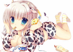 Rule 34 | 1girl, animal ears, animal print, blue eyes, blush, bottle, breasts, cable, cleavage, cow ears, cow horns, cow print, cow tail, earrings, eating, eyebrows, food, food print, hair between eyes, hair ornament, hair tie, hairclip, hands on headphones, headphones, holding, horns, ice cream, ice cream spoon, jewelry, large breasts, legs up, long hair, long sleeves, looking at viewer, lotion bottle, lying, magazine (object), mouth hold, no shoes, okazaki mirute, on stomach, open magazine, original, pineapple print, shorts, silver hair, socks, solo, spoon, striped clothes, striped socks, tail