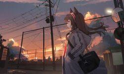 Rule 34 | 1girl, angelina (arknights), arknights, bag, barbed wire, black bag, cloud, coat, duffel bag, evening, fence, from side, hairband, hands in pockets, highres, hood, hood down, hooded coat, long sleeves, looking ahead, orange sky, outdoors, power lines, profile, red eyes, red hairband, scenery, shoulder bag, siyu csy, sky, solo, sunset, tree, twintails, utility pole, white coat