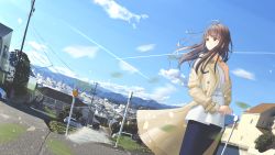 Rule 34 | 1girl, ahoge, arm up, blouse, blue shirt, blue skirt, blue sky, brown eyes, brown hair, car, city, cloud, coat, contrail, day, dutch angle, expressionless, feet out of frame, hair blowing, hand on own chest, highres, house, long hair, looking to the side, motor vehicle, mountainous horizon, open clothes, open coat, original, outdoors, parted lips, petals, road, scenery, sena (illust sena), shirt, skirt, sky, solo, standing, utility pole, very long hair, wind, wind lift, yellow coat