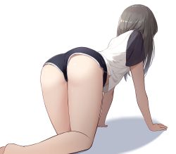 Rule 34 | 1girl, all fours, ass, barefoot, black hair, black shorts, dolphin shorts, from behind, highres, long hair, original, raglan sleeves, seero, shirt, shirt overhang, short shorts, short sleeves, shorts, simple background, solo, thighs, white background, white shirt