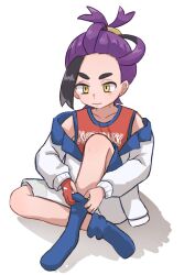 Rule 34 | 1boy, adjusting sock, aritsune01, black hair, blue socks, closed mouth, collarbone, commentary request, creatures (company), full body, game freak, gloves, highres, jacket, kieran (pokemon), long sleeves, male focus, mole, mole on neck, multicolored hair, nintendo, off shoulder, partially fingerless gloves, pokemon, pokemon sv, purple hair, red shirt, shirt, shorts, single glove, sitting, sleeveless, sleeveless shirt, socks, solo, tank top, two-tone hair, white jacket, white shorts, yellow eyes