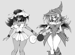 Rule 34 | 2girls, bare shoulders, blush stickers, breasts, capelet, cleavage, closed mouth, collar, collarbone, commentary, dark-skinned female, dark magician girl, dark skin, dress, duel monster, facial mark, grey background, greyscale, hat, highres, holding, long hair, looking at viewer, mana (yu-gi-oh!), medium breasts, monochrome, multiple girls, pelvic curtain, pentagram, short dress, simple background, smile, the golden smurf, thighs, wand, wizard hat, yu-gi-oh!