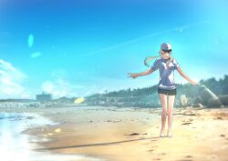 Rule 34 | 1girl, barefoot, baseball cap, beach, blonde hair, blue sky, commentary request, green shorts, hat, highres, long hair, original, outstretched arms, shinjou takuya, shirt, short sleeves, shorts, sky, smile, solo, spread arms, standing, v, white shirt, wide shot
