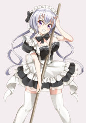 Rule 34 | 1girl, ahoge, alternate costume, apron, back bow, between breasts, black bow, black bowtie, black dress, border, bow, bowtie, breasts, broom, cleavage, collar, commentary, detached collar, dress, enmaided, frilled dress, frills, grey background, grin, hair bow, hair ornament, hair scrunchie, head tilt, highres, holding, holding broom, large bow, large breasts, light blush, long hair, looking at viewer, low twintails, maid, maid apron, maid headdress, puffy short sleeves, puffy sleeves, purple eyes, rikopin, scrunchie, senki zesshou symphogear, short dress, short sleeves, silver hair, simple background, smile, solo, standing, thighhighs, twintails, very long hair, waist apron, white apron, white collar, white scrunchie, white thighhighs, wing collar, yukine chris