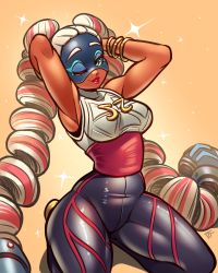 Rule 34 | 1girl, absurdres, arm behind head, arms (game), arms up, blonde hair, bracelet, breasts, dark-skinned female, dark skin, half-closed eye, highres, jewelry, large breasts, lips, looking at viewer, multicolored hair, one eye closed, parted lips, pink hair, ravenousruss, smile, solo, thighs, twintelle (arms)