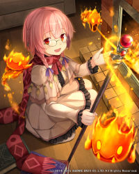 Rule 34 | 10s, 1girl, 2014, 2015, book, braid, company name, dress, eyebrows, fire, from above, glasses, hair ribbon, highres, holding, holding weapon, long hair, looking at viewer, lost crusade, namaru (summer dandy), official art, open mouth, pink hair, red eyes, ribbon, scarf, solo, squatting, staff, twin braids, weapon