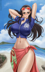 Rule 34 | 1girl, arms behind head, arms up, beach, black hair, blue eyes, blue sky, blush, breasts, contrapposto, eyewear on head, floral print, highres, kyopink, large breasts, legs together, lips, long hair, looking at viewer, midriff, navel, nico robin, ocean, one piece, parted lips, print sarong, sarong, sky, solo, standing, sunglasses, sweat, thighs