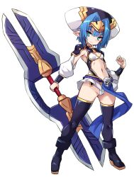 Rule 34 | armor, armpits, black footwear, blue eyes, blue hair, boots, breasts, closed mouth, full body, groin, hair between eyes, hand up, hat, hellmatio, holding, holding weapon, karukan (monjya), long sleeves, navel, pauldrons, puffy long sleeves, puffy sleeves, shinrabanshou, short eyebrows, shoulder armor, simple background, skull, small breasts, smile, standing, thick eyebrows, thigh boots, v-shaped eyebrows, weapon, white background, white hat
