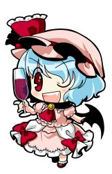 Rule 34 | 1girl, blue hair, chibi, cup, dress, drinking glass, female focus, full body, hat, highres, one eye closed, open mouth, remilia scarlet, short hair, socha, solo, touhou, transparent background, wine glass, wings, wink