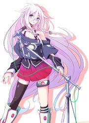 Rule 34 | 1girl, ahoge, asymmetrical legwear, bad id, bad pixiv id, bare shoulders, blue eyes, boots, braid, ia (vocaloid), kanogi, long hair, looking at viewer, microphone, microphone stand, mismatched legwear, off shoulder, pink hair, simple background, single thighhigh, skirt, smile, solo, thigh strap, thighhighs, twin braids, uneven legwear, very long hair, vocaloid