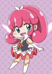 Rule 34 | 10s, 1girl, bakusai, blue eyes, blush, boots, brooch, chibi, cure mirage, earrings, elbow gloves, full body, gloves, happinesscharge precure!, heart, heart brooch, jewelry, knee boots, magical girl, pink hair, polka dot, polka dot background, precure, purple background, queen mirage, short hair, skirt, smile, solo, spoilers, white gloves