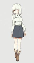 Rule 34 | 1girl, black skirt, blush, brown footwear, character sheet, cross, cross necklace, denim, denim skirt, expressionless, eyebrows, full body, grey background, highres, hitoshi, jewelry, long sleeves, looking to the side, multiple views, necklace, original, pale skin, red eyes, shirt, shoes, short hair, simple background, skirt, sparkle, stitches, suspender skirt, suspenders, white hair, white shirt