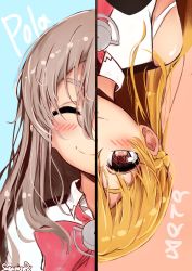 Rule 34 | 2girls, ascot, bare shoulders, blonde hair, blush, bow, bowtie, braid, brown eyes, character name, commentary request, closed eyes, french braid, grey hair, hair between eyes, highres, kantai collection, long hair, multiple girls, pola (kancolle), sazamiso rx, shirt, side braid, simple background, smile, twitter username, wavy hair, white shirt, zara (kancolle)
