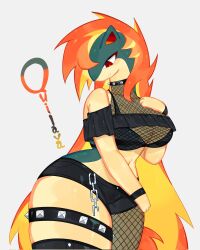 Rule 34 | animal ears, asymmetrical legwear, bare shoulders, beige fur, blonde hair, bracelet, breasts, chain, choker, cleavage, creatures (company), crop top, fiery hair, fishnet thighhighs, fishnets, furry, furry female, game freak, gen 2 pokemon, green fur, hand on own chest, highres, jewelry, large breasts, long hair, midriff, navel, nintendo, orange hair, pokemon, pokemon (creature), quilava, red eyes, spiked choker, spiked thighlet, spikes, thick thighs, thighhighs, thighs, togetoge, very long hair, wide hips