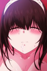 Rule 34 | 1girl, absurdres, blush, brown hair, closed eyes, closed mouth, collarbone, commission, cum, facial, hairband, highres, idolmaster, idolmaster cinderella girls, long hair, pole (ppp1409), sagisawa fumika, skeb commission, solo, swallowing, sweat
