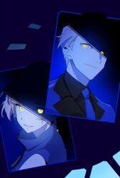 Rule 34 | 1boy, 1girl, agata120, black shirt, blue dress, blue jacket, blue necktie, closed mouth, collared shirt, dress, elizabeth (persona), grey hair, highres, jacket, looking at viewer, necktie, parted lips, persona, persona 3, persona 3 portable, shirt, short hair, sleeveless, sleeveless dress, theodore (persona), upper body