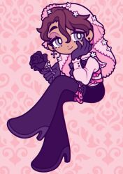 Rule 34 | 1boy, androgynous, black flower, black footwear, black gloves, black rose, boots, bright pupils, brown hair, closed mouth, commission, curly hair, dot nose, drop earrings, earrings, eyelashes, flower, frilled shirt, frilled veil, frills, full body, gloves, grey eyes, hair between eyes, half-closed eyes, hand on own face, hand up, high heels, holding, holding rosary, invisible chair, jewelry, light smile, long eyelashes, looking to the side, male focus, nekozneko, original, pink background, pink veil, rose, shirt, short hair, sitting, sleeve cuffs, smile, solo, tan, thick eyebrows, thigh boots, thigh strap, three quarter view, veil, white shirt