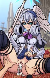 Rule 34 | 1girl, 1other, absurdres, anus, blue eyes, cum, cum in pussy, grey hair, head wings, highres, melia antiqua, outdoors, pussy, scrimblocrimbo, spread legs, spread pussy, staff (weapon), uncensored, wings, xenoblade chronicles: future connected, xenoblade chronicles (series), xenoblade chronicles 1