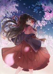 Rule 34 | 1girl, absurdres, aqua eyes, artist name, artist request, bare legs, blue eyes, blue kimono, blue sky, blush, bow, breasts, brown bow, brown hair, brown hakama, capelet, cloud, female focus, flower, frilled bow, frills, from behind, hair between eyes, hair bow, hakama, hakama skirt, half updo, highres, japanese clothes, kimono, layered skirt, long hair, long sleeves, looking at viewer, looking back, love live!, love live! nijigasaki high school idol club, love live! school idol festival, night, night sky, osaka shizuku, outdoors, parted lips, pink capelet, pink flower, pink petals, pink ribbon, ponytail, red bow, red ribbon, ribbon, skirt, sky, smile, solo, striped clothes, striped kimono, vertical-striped clothes, vertical-striped kimono, wide sleeves