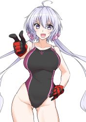 Rule 34 | 1girl, absurdres, ahoge, black gloves, black one-piece swimsuit, commentary request, competition swimsuit, contrapposto, foreshortening, gloves, gluteal fold, halcon, hand on own hip, highleg, highleg swimsuit, highres, light purple hair, looking at viewer, low twintails, one-piece swimsuit, open mouth, pointing, purple eyes, senki zesshou symphogear, simple background, smile, solo, swimsuit, twintails, white background, yukine chris