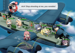 Rule 34 | 6+girls, aircraft, airplane, airplane interior, akashi (kancolle), aoba (kancolle), avro lancaster, black hair, blonde hair, blue hair, bomber crew, character name, cloud, commentary, english commentary, english text, gambier bay (kancolle), gotland (kancolle), graf zeppelin (kancolle), highres, houshou (kancolle), janus (kancolle), jervis (kancolle), kantai collection, multiple girls, parody, pink hair, purple hair, riding, roshi chen, vehicle focus