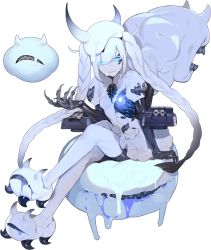 Rule 34 | 1girl, abyssal nimbus princess, akira (kadokawa), arm support, beret, bike shorts, blue eyes, blue theme, braid, carapace, claws, clenched teeth, closed mouth, cloud, crossed legs, dress, fangs, food, full body, glowing, glowing eyes, glowing heart, hat, horns, juliet sleeves, kantai collection, legs, long hair, long sleeves, looking at viewer, macaron, mechanical parts, official art, puffy sleeves, rigging, saliva, sitting, skeletal hand, solo, teeth, transparent background, turret, twin braids, twintails, white dress, white hair