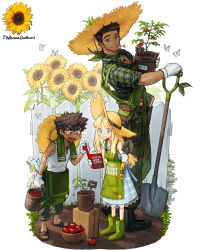 Rule 34 | 1girl, 2boys, absurdres, apron, aqua eyes, blonde hair, book, boots, brown footwear, brown hair, bug, butterfly, child, english text, fence, flower, gloves, green apron, green footwear, green shirt, hat, height difference, highres, holding, holding book, insect, leaf, long hair, multiple boys, original, plaid, plaid shirt, plant, pot, rinotuna, sandals, shirt, short hair, shovel, smile, straw hat, sunflower, tomato, white butterfly, white gloves, yellow flower