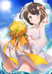 Rule 34 | 1girl, absurdres, aqua eyes, bad id, bad pixiv id, blush, bouquet, bow, brown hair, cloud, cowboy shot, dress, floral print, flower, furuki ayaginutaira, hair bow, hair ornament, highres, holding, holding bouquet, hololive, oozora subaru, open mouth, outdoors, partially submerged, ribbon, see-through, short hair, sky, smile, solo, standing, sun, sundress, virtual youtuber