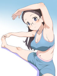 Rule 34 | 10s, 1girl, armpits, barefoot, bike shorts, black hair, blue eyes, breasts, cleavage, collarbone, exercising, feet, female focus, glasses, gradient background, gym uniform, hair ornament, hairclip, hands on feet, large breasts, long sleeves, meow (nekodenki), midriff, navel, saitou kaede (yama no susume), smile, solo, split, sports bra, stretching, yama no susume