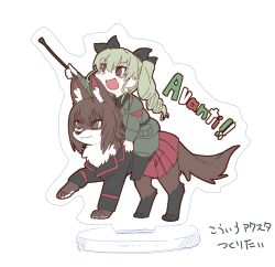 Rule 34 | 1girl, acrylic stand, anchovy (girls und panzer), animalization, anzio military uniform, arm up, black footwear, black jacket, black necktie, black ribbon, black shirt, boots, brown eyes, brown hair, chibi, closed mouth, commentary, dog, dress shirt, drill hair, girls und panzer, green hair, grey jacket, grey pants, hair ribbon, hasekura (hachinochun), highres, holding, holding riding crop, italian text, jacket, kuromorimine military uniform, long hair, long sleeves, looking to the side, military, military uniform, necktie, nishizumi maho, open mouth, pants, pleated skirt, red skirt, ribbon, riding, riding animal, riding crop, shirt, short hair, simple background, skirt, smile, standing, translated, twin drills, twintails, uniform, white background, wing collar