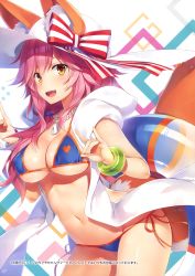 Rule 34 | 10s, 1girl, absurdres, animal ears, bikini, blue bikini, blush, bow, bracelet, breasts, cleavage, cowboy shot, ears through headwear, fate/extra, fate/grand order, fate (series), fox ears, fox shadow puppet, fox tail, hands up, hat, hat bow, highres, jacket, jewelry, large breasts, long hair, looking at viewer, navel, open clothes, open jacket, open mouth, orange ribbon, page number, pink hair, ribbon, shiny skin, side-tie bikini bottom, smile, solo, standing, striped, striped bow, sun hat, swimsuit, tail, tamamo (fate), tamamo no mae (fate/extra), tamamo no mae (swimsuit lancer) (fate), tamamo no mae (swimsuit lancer) (third ascension) (fate), thighhighs, thighs, towel, towel around neck, white hat, yellow eyes, yuuki hagure