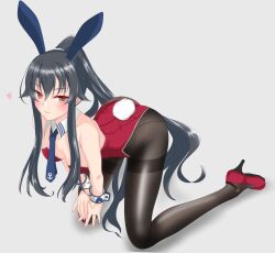 Rule 34 | 1girl, animal ears, black hair, black pantyhose, blush, boots, breasts, closed mouth, collar, commentary request, fake animal ears, fake tail, hair between eyes, high heel boots, high heels, kantai collection, leotard, long hair, medium breasts, necktie, nitamako (sakamalh), pantyhose, playboy bunny, ponytail, rabbit ears, red eyes, red footwear, red leotard, scrunchie, sidelocks, simple background, smile, solo, tail, thighband pantyhose, white background, white necktie, wrist cuffs, yahagi (kancolle)
