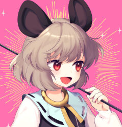 Rule 34 | 1girl, animal ears, blue capelet, capelet, commentary request, dowsing rod, grey hair, medium hair, mouse ears, mouse girl, mouse tail, nazrin, open mouth, pink background, red eyes, simple background, solo, sparkle, tail, tomobe kinuko, touhou, unfinished dream of all living ghost
