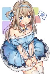 Rule 34 | 1girl, :o, absurdres, bare shoulders, blue dress, blue eyes, blue hairband, blue ribbon, blush, breasts, brown hair, cleavage, collarbone, commentary request, dress, facial mark, fur-trimmed dress, fur trim, girls&#039; frontline, hair between eyes, hair ornament, hair ribbon, hairband, heart, highres, korean commentary, long hair, long sleeves, medium breasts, norazura, off-shoulder dress, off shoulder, official alternate costume, one side up, parted lips, pom pom (clothes), ribbon, see-through, see-through sleeves, sitting, sleeves past wrists, snowflake hair ornament, solo, spoken heart, suomi (girls&#039; frontline), suomi (korvatunturi pixie) (girls&#039; frontline), thighhighs, very long hair, white thighhighs