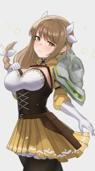 Rule 34 | 1girl, absurdres, armor, belt, belt buckle, braid, breasts, brown eyes, brown hair, buckle, cleavage, cleavage cutout, closed mouth, clothing cutout, corset, fire emblem, fire emblem engage, gloves, goldmary (fire emblem), hair ribbon, highres, large breasts, long hair, looking at viewer, nintendo, pantyhose, pearlbbbb, pleated skirt, ribbon, shoulder armor, skirt, solo, white background, white gloves, white ribbon