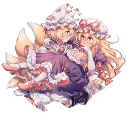 Rule 34 | 2girls, :/, blonde hair, blush, bow, breasts, brooch, brown eyes, carrying, cleavage, closed eyes, closed mouth, collarbone, dress, elbow gloves, fingernails, fluffy, footwear bow, fox tail, frilled dress, frills, full-face blush, furrowed brow, gloves, gold trim, hair between eyes, hair ribbon, hand on another&#039;s shoulder, hat, heart, heart-shaped pupils, highres, jewelry, large breasts, long hair, long sleeves, looking at another, mary janes, masanaga (tsukasa), mob cap, multiple girls, nose blush, pout, princess carry, puffy short sleeves, puffy sleeves, purple dress, red footwear, red ribbon, ribbon, shoes, short hair, short sleeves, simple background, standing, sweatdrop, symbol-shaped pupils, tabard, tail, touhou, tress ribbon, upper body, white background, white gloves, white headwear, white legwear, white sleeves, wide sleeves, yakumo ran, yakumo yukari, yuri
