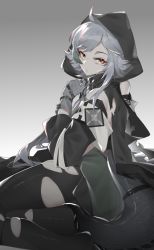 Rule 34 | 1girl, ahoge, arknights, bare shoulders, black legwear, commentary, crocodilian tail, gloves, gradient background, grey background, grey gloves, hood, long hair, long sleeves, newflame, silver hair, solo, tail, thighs, tomimi (arknights)
