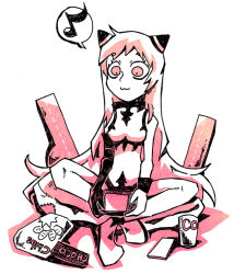 Rule 34 | 10s, 1girl, :3, abyssal ship, airfield princess, candy, chips (food), chocolate, chocolate bar, food, handheld game console, holding, horns, indian style, kantai collection, long hair, looking at viewer, monochrome, musical note, partially colored, playstation vita, potato chips, quaver, setz, simple background, sitting, solo, spoken musical note