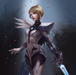 Rule 34 | 1girl, absurdres, armor, black background, black bodysuit, black gloves, black legwear, black lips, blonde hair, bodysuit, closed mouth, clothing request, commentary request, confetti, cowboy shot, fiora (league of legends), gloves, gradient background, half-closed eyes, highres, holding, holding weapon, ig fiora, lan xiezi, league of legends, looking at viewer, official alternate costume, rapier, short hair, shoulder armor, solo, sword, weapon