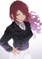 Rule 34 | 1girl, alternate costume, black jacket, breasts, buttons, closed mouth, commentary request, drill hair, fingernails, floating hair, hand on own hip, isa (peien516), jacket, kirijou mitsuru, lips, long hair, long sleeves, looking at viewer, medium breasts, pants, persona, persona 3, pink lips, red eyes, red hair, scarf, solo, very long hair, white pants, white scarf