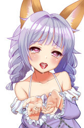 Rule 34 | 1girl, after fellatio, animal ears, arms up, bare shoulders, braid, chain, collarbone, cum, cum in mouth, cum on body, cum on upper body, cumdrip, cupping hands, dog ears, downscaled, dress, elin, kumehara chiyota, long hair, md5 mismatch, o-ring, open mouth, outstretched hand, own hands together, purple dress, purple eyes, purple hair, resized, simple background, solo, tears, tera online, twin braids, twintails, upper body, white background