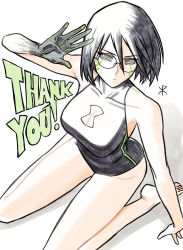 Rule 34 | animification, apoloniodraws, ben 10, black eyes, black hair, black hands, black one-piece swimsuit, colored extremities, glasses, green pupils, highres, looking at viewer, omnitrix, one-piece swimsuit, short hair, swimsuit, thank you, upgrade (ben 10)