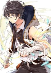 Rule 34 | 10s, 1boy, akn92, ayer, bandaged arm, bandaid, bandaid on face, bare shoulders, belt, black hair, clenched hands, closed mouth, glass, granblue fantasy, grey eyes, highres, hood, hoodie, jewelry, looking at viewer, male focus, necklace, sleeveless, sleeveless hoodie, solo