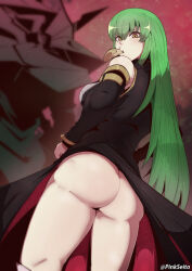 Rule 34 | ass, bare shoulders, black dress, brown eyes, c.c., code geass, detached sleeves, dress, food in mouth, from below, green hair, long hair, looking back, orphen (pink seito), twitter username