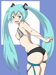 Rule 34 | 1girl, ass, blue hair, breasts, eleven929rr, hatsune miku, long hair, looking back, pulling, sideboob, skindentation, small breasts, solo focus, twintails, undressing