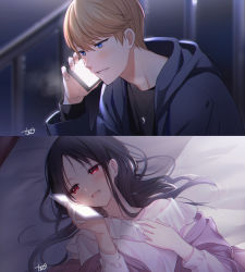 Rule 34 | 1boy, 1girl, :d, bed sheet, black hair, blonde hair, blue eyes, blurry, blush, calling, cellphone, collarbone, commentary request, crescent, crescent necklace, depth of field, dress, from side, hand up, happy, highres, holding, holding phone, hood, indoors, jewelry, juugonichi (wheeliex2), kaguya-sama wa kokurasetai ~tensai-tachi no renai zunousen~, long hair, long sleeves, lying, male focus, necklace, night, night sky, off shoulder, on back, on bed, open mouth, parted lips, phone, red eyes, shinomiya kaguya, shirogane miyuki, short hair, signature, single bare shoulder, sky, smartphone, smile, talking on phone, upper body, white dress