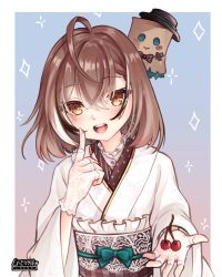 Rule 34 | 1girl, :d, absurdres, ahoge, berry, blush, bow, bowtie, braid, braided bangs, brown eyes, brown hair, cressia-lrr, finger to cheek, floral print, friend (nanashi mumei), gloves, hat, highres, hololive, hololive english, japanese clothes, kimono, lace, lace gloves, multicolored hair, nanashi mumei, nanashi mumei (new year), obi, official alternate costume, open mouth, print kimono, sash, short hair, smile, sparkle, streaked hair, top hat, virtual youtuber, white kimono, wide sleeves