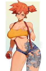 Rule 34 | 1girl, adapted costume, aged up, alternate breast size, asymmetrical hair, black pantyhose, blue eyes, blush, breasts, cleavage, collarbone, commentary, commission, creatures (company), crop top, denim, denim shorts, earrings, english commentary, game freak, gen 1 pokemon, gen 2 pokemon, gen 3 pokemon, gyarados, hair between eyes, hair tie, highleg, highleg panties, hip tattoo, holding, holding poke ball, jewelry, krabby, large breasts, leg tattoo, linea alba, looking at viewer, magikarp, maizken, marill, medium hair, misty (pokemon), mudkip, navel, nintendo, open fly, orange hair, panties, pantyhose, poke ball, poke ball (basic), pokemon, pokemon (anime), pokemon (classic anime), poliwag, ponytail, pout, psyduck, pubic tattoo, revealing clothes, shirt, short hair, short shorts, shorts, side ponytail, simple background, smile, solo, standing, star (symbol), star earrings, starmie, staryu, suspender shorts, suspenders, tank top, tattoo, tentacruel, thick thighs, thighs, thong, torn clothes, torn shirt, underboob, underwear, wristband, yellow shirt, yellow tank top